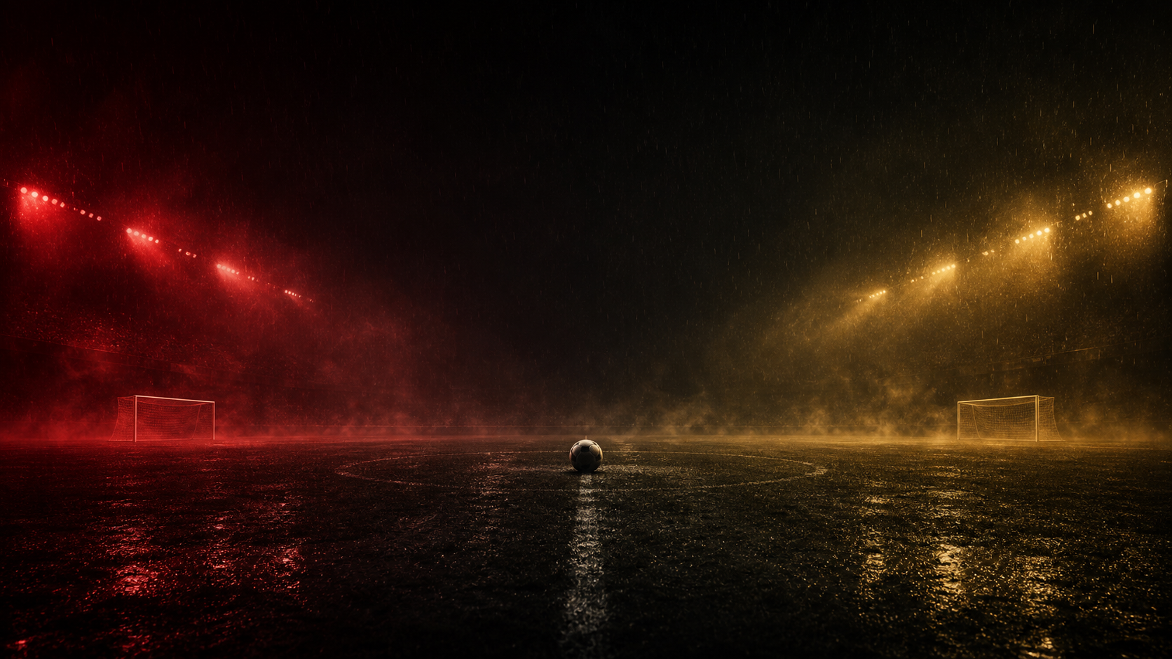 Rain-soaked football pitch at night, with an unbranded ball on the centre line between two distant goals lit in red and gold.